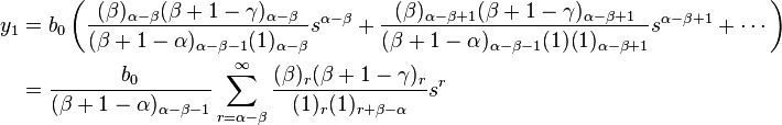 \begin{align} 
y_{1} &=b_0 \left( \frac{(\beta )_{\alpha -\beta }(\beta +1-\gamma )_{\alpha -\beta }}{(\beta +1-\alpha )_{\alpha -\beta -1}(1)_{\alpha -\beta }}s^{\alpha -\beta }+\frac{(\beta )_{\alpha -\beta +1}(\beta +1-\gamma )_{\alpha -\beta +1}}{(\beta +1-\alpha )_{\alpha -\beta -1}(1)(1)_{\alpha -\beta +1}}s^{\alpha -\beta +1}+ \cdots \right) \\ 
 &=\frac{b_0}{(\beta +1-\alpha )_{\alpha -\beta -1}}\sum_{r=\alpha -\beta }^{\infty} \frac{(\beta )_{r}(\beta +1-\gamma )_r }{(1)_r (1)_{r+\beta -\alpha }}s^r 
\end{align}