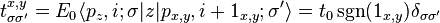 
t_{\sigma \sigma'} ^{x,y}=E_0 \langle p_z,i ;\sigma| z | p_{x,y},i+1_{x,y} ;\sigma'\rangle = t_0 \,\mathrm{sgn}(1_{x,y})
\delta_{\sigma \sigma'}