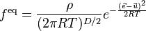 f^\text{eq} = \frac{\rho}{(2 \pi RT)^{D/2}}e^{-\frac{(\vec{e}-\vec{u})^2}{2RT}}