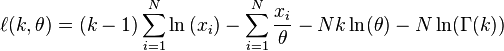 \ell(k, \theta) = (k - 1) \sum_{i=1}^N \ln{(x_i)} - \sum_{i=1}^N \frac{x_i}{\theta} - Nk\ln(\theta) - N\ln(\Gamma(k))