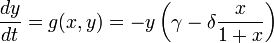 \frac{dy}{dt} = g(x, y) = -y\left(\gamma - \delta \frac{x}{1 + x}\right)