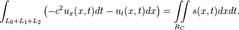 \int_{ L_0 + L_1 + L_2 } \left ( - c^2 u_x(x,t) dt - u_t(x,t) dx \right ) = \iint \limits_{R_C} s(x,t) dx dt. 