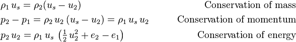 
   \begin{align}
      & \rho_1\,u_s  = \rho_2(u_s - u_2) &\qquad \text{Conservation of mass}\\
      & p_2 - p_1  = \rho_2\,u_2\,(u_s - u_2) = \rho_1\,u_s\,u_2  &\qquad \text{Conservation of momentum}\\
      & p_2\,u_2  = \rho_1\,u_s\,\left(\tfrac{1}{2}\,u_2^2 + e_2 - e_1\right) &\qquad \text{Conservation of energy}
   \end{align}
 