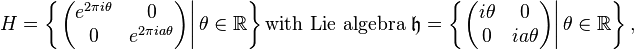 H = \left\{\left .\left(\begin{matrix}e^{2\pi i\theta} & 0\\0 & e^{2\pi ia\theta}\end{matrix}\right) \right| \theta \in \mathbb{R}\right\} \text{with Lie algebra } \mathfrak{h} =  \left\{\left .\left(\begin{matrix} i\theta & 0\\0 & ia\theta\end{matrix}\right)\right| \theta \in \mathbb{R}\right\},