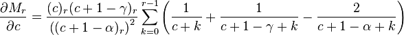 \frac{\partial M_r}{\partial c}=\frac{(c)_r(c+1-\gamma)_r}{\left( (c+1-\alpha )_{r} \right)^{2}} \sum_{k=0}^{r-1} \left( \frac{1}{c+k}+\frac{1}{c+1-\gamma +k}-\frac{2}{c+1-\alpha +k} \right) 