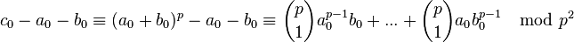 c_0-a_0-b_0\equiv (a_0+b_0)^p-a_0-b_0\equiv \binom{p}{1} a_0^{p-1}b_0+...+ \binom{p}{1} a_0 b_0^{p-1} \mod p^2