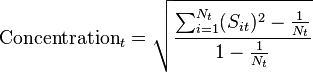  \text{Concentration}_t = \sqrt{\frac{\sum_{i=1}^{N_t} (S_{it})^2 - \frac{1}{N_t}}{1 - \frac{1}{N_t}}}