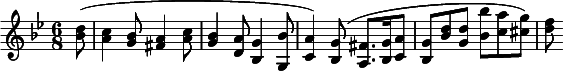 
  \relative c'' { \clef treble \key g \minor \time 6/8 \partial 8*1 <d bes>8( <c a>4 <bes g>8 <a fis>4 <c a>8 <bes g>4 <a d,>8 <g bes,>4 <bes g,>8 <a c,>4) <g bes,>8( <fis a,>8. <g bes,>16 <a c,>8 <g bes,> <bes d> <d g,> <bes' bes,> <a c,> <g cis,>) <f d> }
