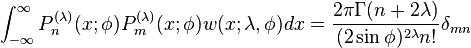 \int_{-\infty}^{\infty}P_n^{(\lambda)}(x;\phi)P_m^{(\lambda)}(x;\phi)w(x; \lambda, \phi)dx=\frac{2\pi\Gamma(n+2\lambda)}{(2\sin\phi)^{2\lambda}n!}\delta_{mn}