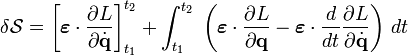 
\delta \mathcal{S} = 
\left[ \boldsymbol\varepsilon \cdot \frac{\partial L}{\partial \dot{\mathbf{q}}}\right]_{t_1}^{t_2} + 
\int_{t_1}^{t_2}\; 
\left( \boldsymbol\varepsilon \cdot \frac{\partial L}{\partial \mathbf{q}}
- \boldsymbol\varepsilon \cdot \frac{d}{dt} \frac{\partial L}{\partial \dot{\mathbf{q}}} \right)\,dt
