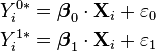 
\begin{align}
Y_i^{0\ast} &= \boldsymbol\beta_0 \cdot \mathbf{X}_i + \varepsilon_0 \, \\
Y_i^{1\ast} &= \boldsymbol\beta_1 \cdot \mathbf{X}_i + \varepsilon_1 \,
\end{align}
