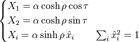 
\begin{cases}
X_1=\alpha\cosh\rho \cos \tau\\
X_2=\alpha\cosh \rho \sin \tau\\
X_i=\alpha \sinh \rho \,\hat{x}_i \qquad \sum_i \hat{x}_i^2=1
\end{cases}
