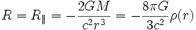  R = R_{\|} = -{2GM \over {c^2 r^3}} = -{8 \pi G \over {3 c^2 } }\rho (r) 