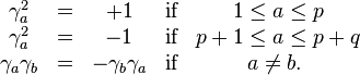  \begin{matrix}
\gamma_a^2 &=& +1 &\mbox{if} &1 \le a \le p \\
\gamma_a^2 &=& -1 &\mbox{if} &p+1 \le a \le p+q\\
\gamma_a \gamma_b &=& -\gamma_b \gamma_a &\mbox{if} &a \ne b. \ \\
\end{matrix}