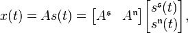 
  x(t) = A s(t) = \begin{bmatrix} A^\mathfrak{s} & A^\mathfrak{n} \end{bmatrix} \begin{bmatrix} s^\mathfrak{s}(t) \\ s^\mathfrak{n}(t) \\ \end{bmatrix},
