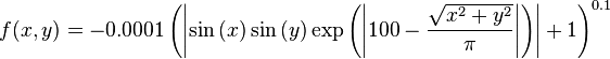 f(x,y) = -0.0001 \left( \left| \sin \left(x\right) \sin \left(y\right) \exp \left( \left|100 - \frac{\sqrt{x^{2} + y^{2}}}{\pi} \right|\right)\right| + 1 \right)^{0.1}