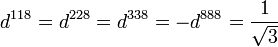 d^{118} = d^{228} = d^{338} = -d^{888} = \frac{1}{\sqrt{3}} \,