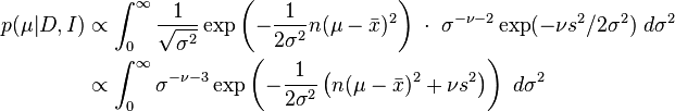 \begin{align}
p(\mu|D, I) &\propto \int_0^{\infty} \frac{1}{\sqrt{\sigma^2}} \exp \left(-\frac{1}{2\sigma^2} n(\mu - \bar{x})^2\right) \;\cdot\; \sigma^{-\nu-2}\exp(-\nu s^2/2 \sigma^2) \; d\sigma^2 \\
&\propto \int_0^{\infty} \sigma^{-\nu-3} \exp \left(-\frac{1}{2 \sigma^2} \left(n(\mu - \bar{x})^2 + \nu s^2\right) \right)  \; d\sigma^2
\end{align}