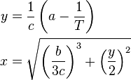 \begin{align}
  y &= {1 \over c}\left(a - {1 \over T}\right) \\
  x &= \sqrt{\left(\frac{b}{3c}\right)^3 + \left(\frac{y}{2}\right)^2}
\end{align}