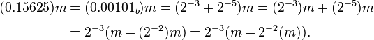 
\begin{align}
( 0.15625) m & = (0.00101_b) m = ( 2^{-3} + 2^{-5}) m = (2^{-3})m + (2^{-5})m \\[4pt]
& = 2^{-3} (m + (2^{-2})m) = 2^{-3} (m + 2^{-2} (m)).
\end{align}
