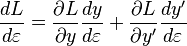 
\frac{dL}{d\varepsilon}=\frac{\partial L}{\partial y}\frac{dy}{d\varepsilon} + \frac{\partial L}{\partial y'}\frac{dy'}{d\varepsilon}
