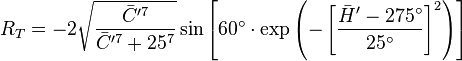 R_T = -2 \sqrt{\frac{\bar{C}'^7}{\bar{C}'^7+25^7}} \sin \left[ 60^\circ \cdot \exp \left( -\left[ \frac{\bar{H}'-275^\circ}{25^\circ} \right]^2 \right) \right]