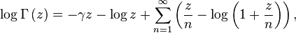 \log \Gamma \left(z\right) = -\gamma z -\log z  
+ \sum_{n=1}^\infty 
\left(\frac{z}{n} - \log \left(1+\frac{z}{n}\right)\right),