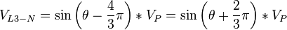 V_{L3-N}=\sin \left(\theta-\frac{4}{3} \pi\right) * V_P = \sin \left(\theta+\frac{2}{3} \pi\right) * V_P