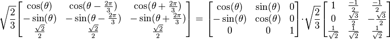 \sqrt{\frac{2}{3}}\begin{bmatrix} \cos(\theta)&\cos(\theta - \frac{2\pi}{3})&\cos(\theta + \frac{2\pi}{3}) \\
 - \sin(\theta)& - \sin(\theta - \frac{2\pi}{3})& - \sin(\theta + \frac{2\pi}{3}) \\
\frac{\sqrt{2}}{2}&\frac{\sqrt{2}}{2}&\frac{\sqrt{2}}{2} \end{bmatrix}
=
\begin{bmatrix}\cos(\theta)&\sin(\theta)&0\\
-\sin(\theta)& \cos(\theta)& 0\\
0& 0& 1\end{bmatrix}
\cdot
\sqrt{\frac{2}{3}} \begin{bmatrix} 1&\frac{-1}{2}&\frac{-1}{2} \\
0& \frac{\sqrt{3}}{2} & -\frac{\sqrt{3}}{2}\\
\frac{1}{\sqrt{2}}& \frac{1}{\sqrt{2}}& \frac{1}{\sqrt{2}} \end{bmatrix}
