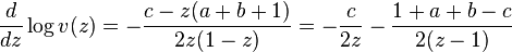 \frac{d}{dz}\log v(z) = - \frac {c-z(a+b+1)}{2z(1-z)} =-\frac{c}{2z}-\frac{1+a+b-c}{2(z-1)}