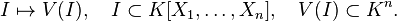  I \mapsto V(I), \quad I\subset K[X_1,\ldots,X_n], \quad V(I)\subset K^n. 