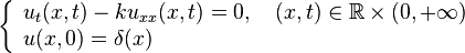 \left\{\begin{array}{ll}u_t(x,t)-ku_{xx}(x,t)=0,\quad (x,t)\in\mathbb R\times(0,+\infty)\\ u(x,0)=\delta(x) \end{array}\right.