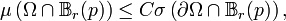 \mu \left( \Omega \cap \mathbb{B}_{r} (p) \right) \leq C \sigma \left( \partial \Omega \cap \mathbb{B}_{r} (p) \right),