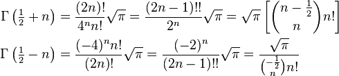 \begin{align}
\Gamma\left(\tfrac{1}{2}+n\right) &= {(2n)! \over 4^n n!} \sqrt{\pi} = \frac{(2n-1)!!}{2^n} \sqrt{\pi} = \sqrt{\pi} \left[ {n-\frac{1}{2}\choose n} n! \right] \\
\Gamma\left(\tfrac{1}{2}-n\right) &= {(-4)^n n! \over (2n)!} \sqrt{\pi} = \frac{(-2)^n}{(2n-1)!!} \sqrt{\pi} = \frac{\sqrt{\pi}}{{-\frac{1}{2} \choose n} n!}
\end{align}