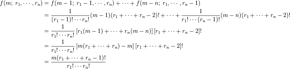 \begin{align}
  f(m;\; r_1,\cdots,r_n)
    &= f(m - 1;\; r_1 - 1, \cdots, r_n) + \cdots + f(m - n;\; r_1, \cdots, r_n - 1)\\
    &= \frac{1}{(r_1 - 1)!\cdots r_n!}(m - 1)(r_1 + \cdots + r_n - 2)! + \cdots + \frac{1}{r_1!\cdots(r_n - 1)!}(m - n)(r_1 + \cdots + r_n - 2)!\\
    &= \frac{1}{r_1!\cdots r_n!}\left[r_1(m - 1) + \cdots + r_n(m-n)\right]\left[r_1 + \cdots + r_n - 2\right]!\\
    &= \frac{1}{r_1!\cdots r_n!}\left[m(r_1 + \cdots + r_n) - m\right]\left[r_1 + \cdots + r_n - 2\right]!\\
    &= \frac{m(r_1 + \cdots + r_n - 1)!}{r_1!\cdots r_n!}
\end{align}