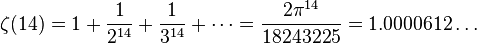 \zeta(14) = 1 + \frac{1}{2^{14}} + \frac{1}{3^{14}} + \cdots = \frac{2\pi^{14}}{18243225} = 1.0000612\dots\!