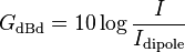 G_\text{dBd} = 10\log{I \over I_\text{dipole}}\,