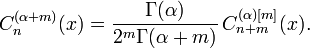 C_n^{(\alpha+m)}(x) = \frac{\Gamma(\alpha)}{2^m\Gamma(\alpha+m)}\! \  C_{n+m}^{(\alpha)[m]}(x).