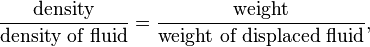  \frac { \text{density}} { \text{density of fluid} } = \frac { \text{weight}} { \text{weight of displaced fluid} }, \,