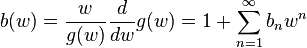 b(w) = \frac{w}{g(w)} \frac {d}{dw} g(w)
= 1 + \sum_{n=1}^\infty b_n w^n