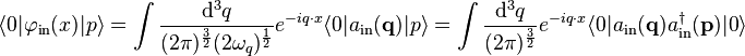 \langle 0|\varphi_{\mathrm{in}}(x)|p\rangle= \int \frac{\mathrm{d}^3q}{(2\pi)^{\frac{3}{2}}(2\omega_q)^{\frac{1}{2}}} e^{-iq\cdot x} \langle 0|a_{\mathrm{in}}(\mathbf q)|p\rangle= \int \frac{\mathrm{d}^3q}{(2\pi)^{\frac{3}{2}}} e^{-iq\cdot x} \langle 0|a_{\mathrm{in}}(\mathbf q)a^\dagger_{\mathrm{in}}(\mathbf p)|0\rangle 