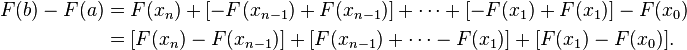 \begin{align}
F(b) - F(a)
&= F(x_n) + [-F(x_{n-1}) + F(x_{n-1})] + \cdots + [-F(x_1) + F(x_1)] - F(x_0) \\
&= [F(x_n) - F(x_{n-1})] + [F(x_{n-1}) + \cdots - F(x_1)] + [F(x_1) - F(x_0)].
\end{align}