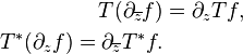 \begin{align}
T(\partial_{\overline{z}} f) &=\partial_z Tf, \\
T^*(\partial_z f) =\partial_{\overline{z}} T^*f.
\end{align}