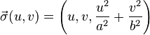 \vec \sigma(u,v) = \left(u, v, \frac{u^2}{a^2} + \frac{v^2}{b^2}\right) 