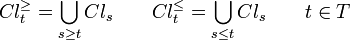 
Cl^{\geq}_t = \bigcup_{s \geq t} Cl_s \qquad Cl^{\leq}_t= \bigcup_{s \leq t} Cl_s \qquad t \in T
