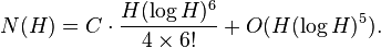 N(H)= C \cdot \frac{H(\log H)^6} {4\times 6!} + O(H(\log H)^5).