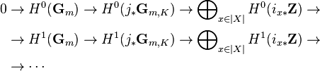 \begin{align}
0 &\to  H^0(\mathbf{G}_m)\to  H^0(j_*\mathbf{G}_{m,K})\to \bigoplus\nolimits_{x\in |X|}H^0(i_{x*}\mathbf{Z})  \to \\
&\to  H^1(\mathbf{G}_m)\to  H^1(j_*\mathbf{G}_{m,K})\to  \bigoplus\nolimits_{x\in |X|}H^1(i_{x*}\mathbf{Z})  \to \\
&\to \cdots
\end{align}