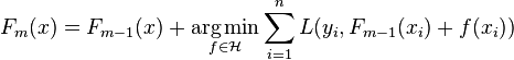 F_m(x) = F_{m-1}(x) + \underset{f \in \mathcal{H}}{\operatorname{arg\,min}} \sum_{i=1}^n L(y_i, F_{m-1}(x_i) + f(x_i))