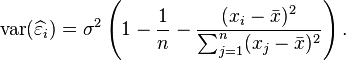 \operatorname{var}(\widehat{\varepsilon}_i)=\sigma^2\left( 1 - \frac1n -\frac{(x_i-\bar x)^2}{\sum_{j=1}^n (x_j - \bar x)^2 }  \right). 