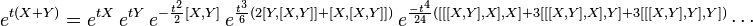 e^{t(X+Y)}= e^{tX}~ e^{tY} ~e^{-\frac{t^2}{2} [X,Y]} ~
e^{\frac{t^3}{6}(2[Y,[X,Y]]+ [X,[X,Y]] )} ~
e^{\frac{-t^4}{24}([[[X,Y],X],X] + 3[[[X,Y],X],Y] + 3[[[X,Y],Y],Y]) } \cdots